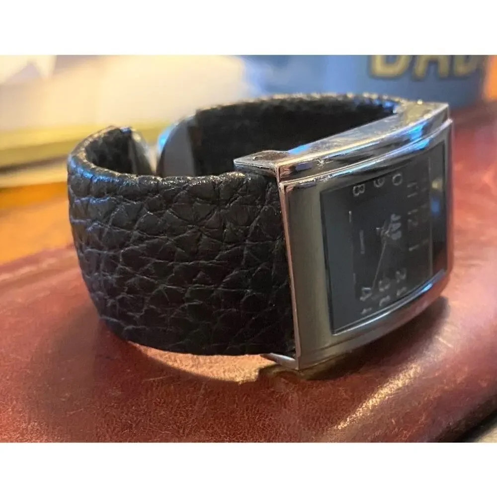 Women's JAS Silver Tone Watch, Black Leather Wrapped Band and Face